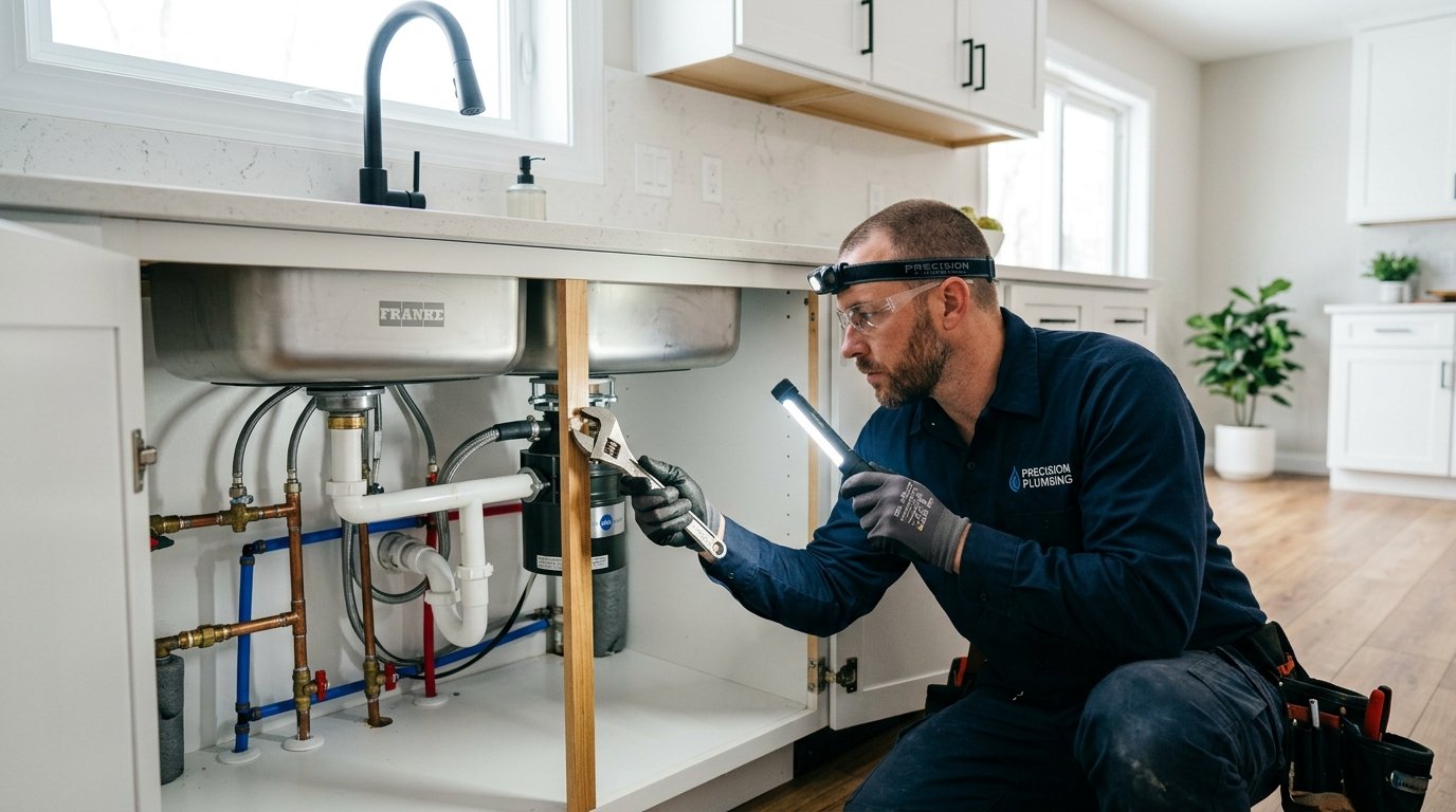 Precision master plumbing repairs on residential water lines, garbage disposals, and drainage traps