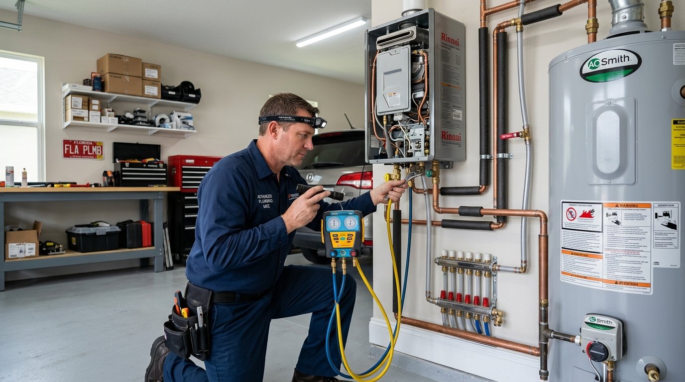 Licensed master plumber testing and servicing modern tankless and storage water heating units in Jacksonville FL
